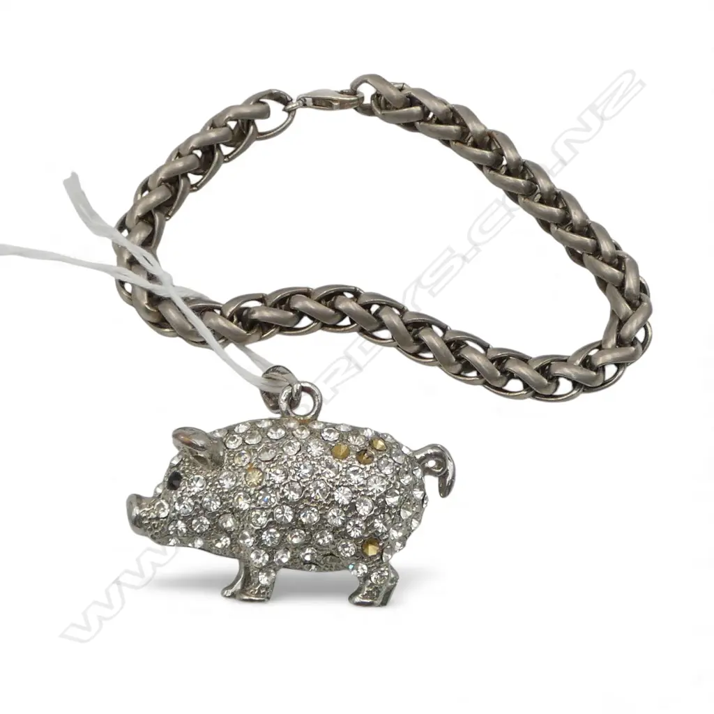 DIAMANTE PLATED PIG PENDANT + FOXTAIL BRACELET Image 1++