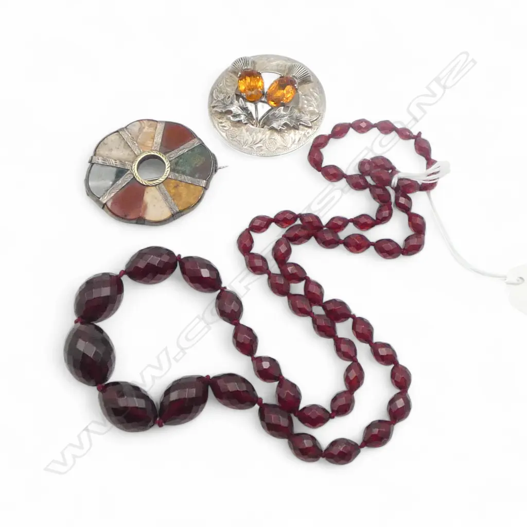 2 SCOTTISH BROOCHES;  (AGATE  1x faulted) 50mm dia, RED PLASTIC BEAD NECKLACE Image 1++