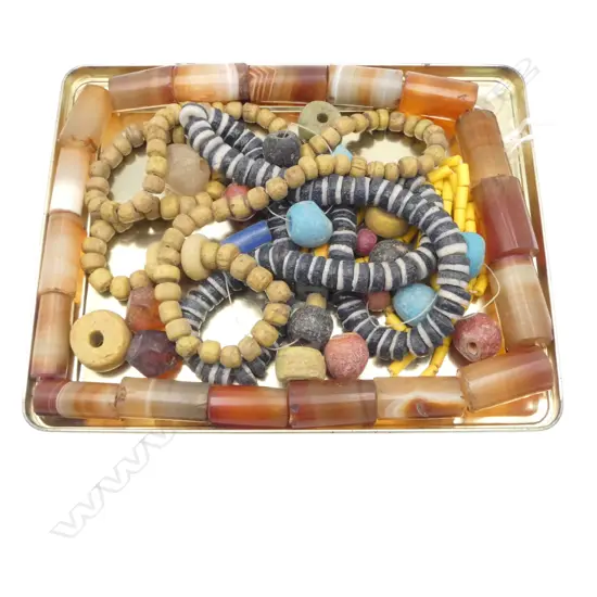 TRAY OF OLD TRIBAL BEAD NECKLACES. Agate lge cylinder beads etc 1 needs restringing