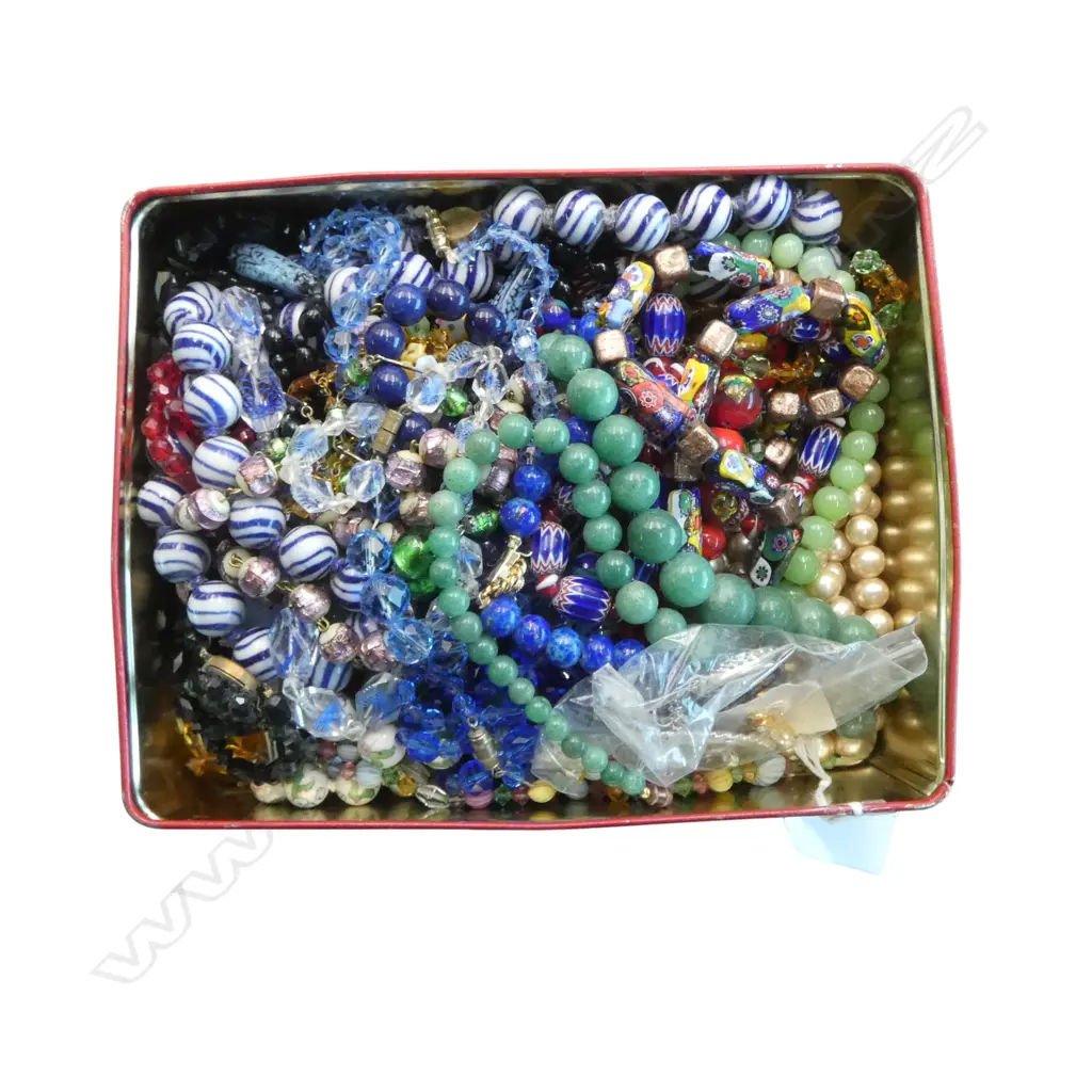 VINTAGE TIN WITH LARGE COLLECTION OF GLASS & OTHER BEAD NECKLACES: millefiori etc Image 1++