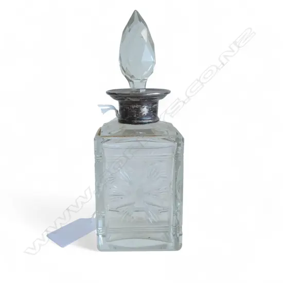 CUT CRYSTAL SCENT BOTTLE w. STG SILVER RIM LONDON H.160mm