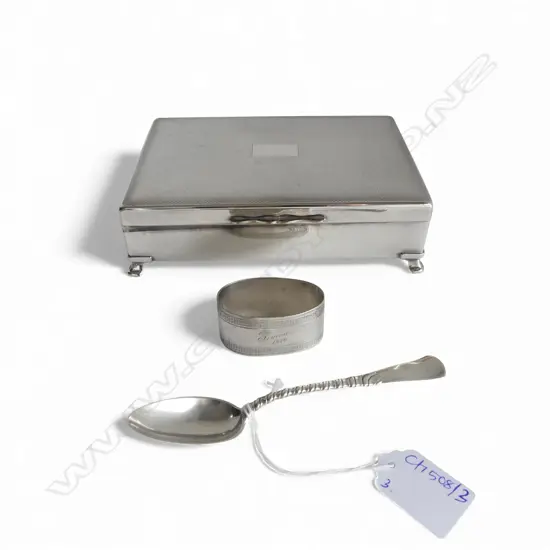 STG SILVER NAPKIN RING & TEASPOON, 53gms + EP JEWELLERY BOX W.170mm