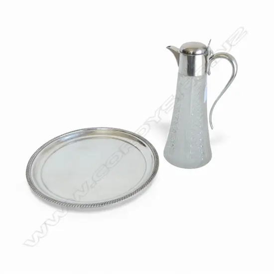 EUROPEAN SILVER & CRYSTAL CLARET JUG H.280mm + EP TRAY 305mm dia