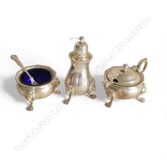 3PCE STG SILVER CONDIMENT SET: salt + mustard w spoon + lge pepper w spoon 403gms. w blue glass liners. 