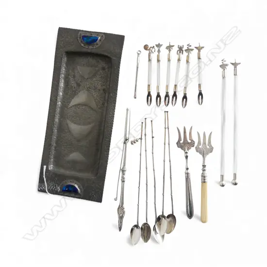 ASST. STG SILVER CUTLERY, PR CASED EP SPOONS, PEWTER TRAY W.305mm...