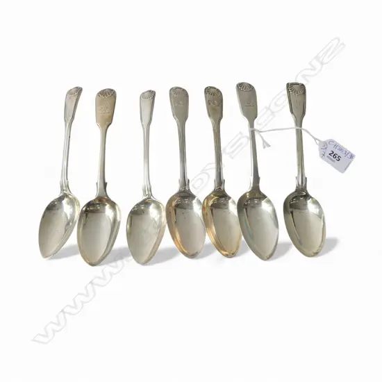 7 ASST. STG SILVER DESSERT SPOONS, SHELL PATTERN, 380gms