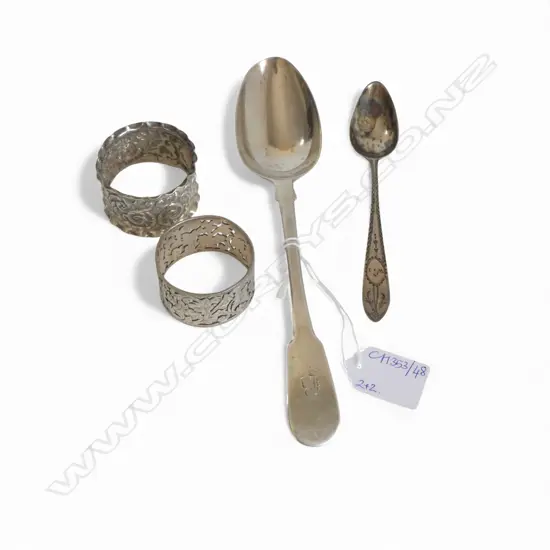4 PCES STG SILVER; 2 NAPKIN RINGS, TABLE SPOON L.220mm, TEA SPOON 143gms