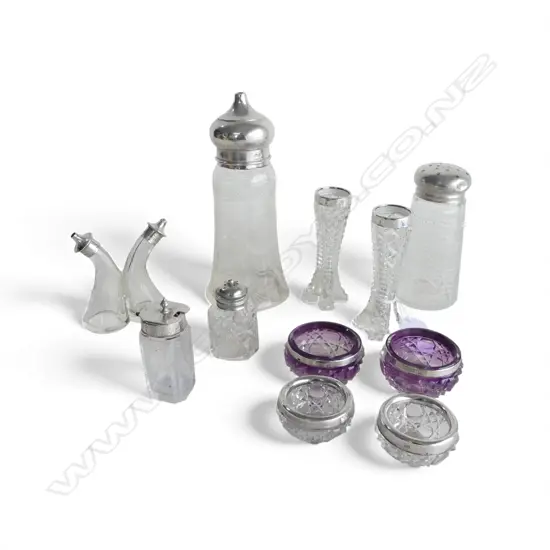 11 STG SILVER TRIMMED CONDIMENTS ETC INCL. 2 PRS SALTS, PR VASES