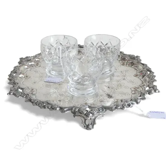SHEFFIELD PLATE DRINKS TRAY DIA 310MM + 3 WEBB CORBET CRYSTAL WHISKEY GLASSES