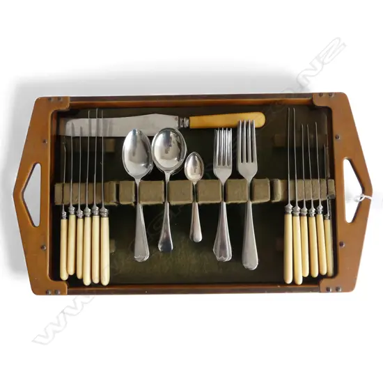 TRAY w. EP / IVORINE 'BONE' HANDLED CUTLERY W.490mm