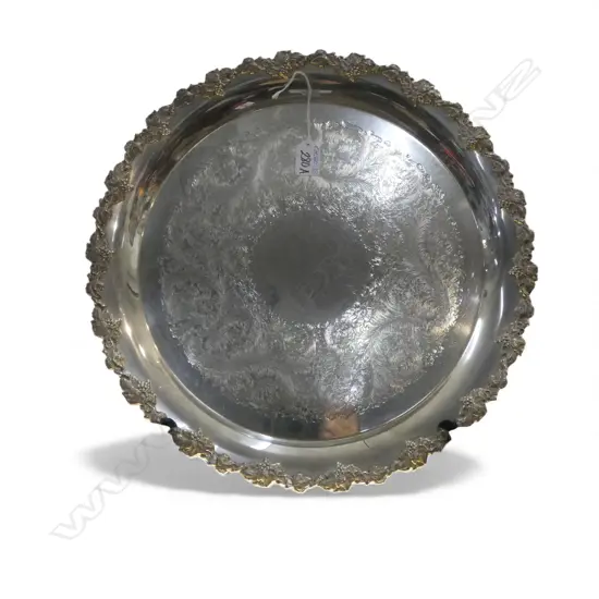 SILVER PLATE BANQUET TRAY applied grape leaf & bunch border. Dia.425mm