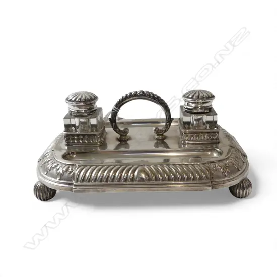 WMF ANTIQUE SILVER PLATED DESKSTAND TWO INKWELLS AND PEN RESTS, L.230MM W.165MM