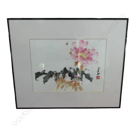 CHINESE WATERCOLOUR FLOWER & BEE STUDY calligraphic signature 300 x 370mm framed under glass