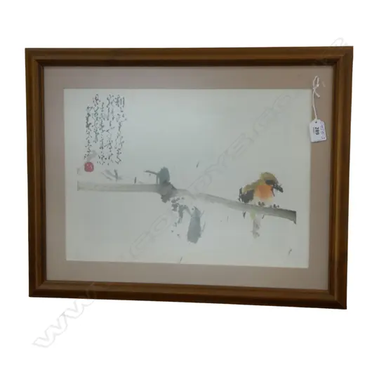 CHINESE WATERCOLOUR BIRD ON BRANCH calligraphic signature 300 x 370mm framed under glass