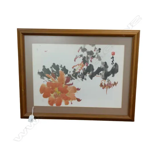 CHINESE WATERCOLOUR FLOWER STUDY calligraphic signature 300 x 370mm framed under glass