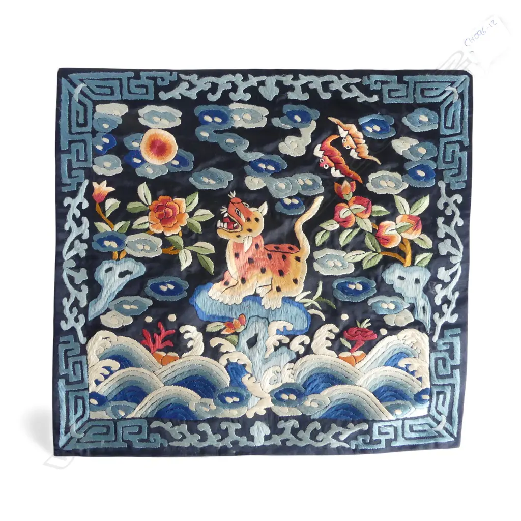 EMBROIDERED CHINESE RANK BADGE tiger perched on blue ground 275x295mm Image 1++