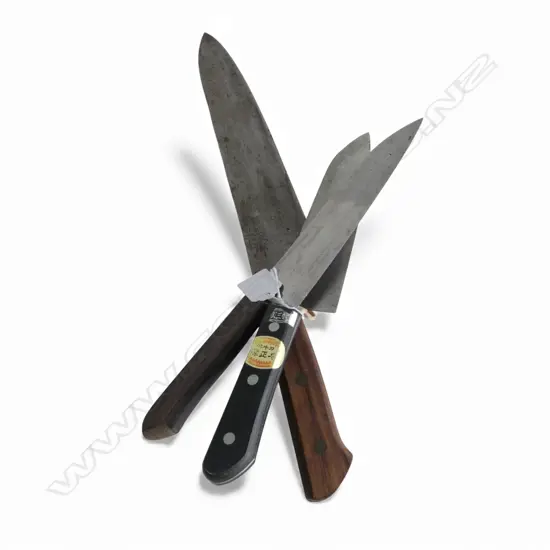 3 JAPANESE CHEF'S KNIVES signed blades. Longest 400mm