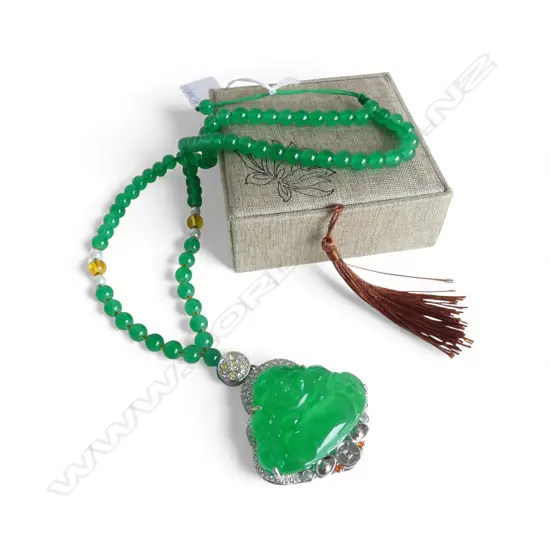 CHINESE FAUX JADE BUDDHA PENDANT NECKLACE, BOXED