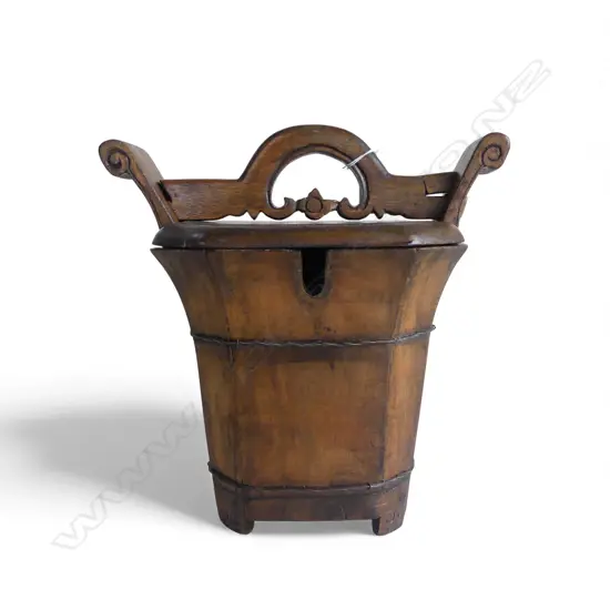 VINTAGE CHINESE WOODEN WEDDING BASKET flared - lidded w locking bar. H.290mm.