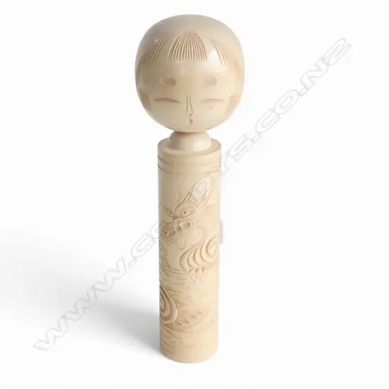 UNUSUAL KOKESHI DOLL w DRAGON CARVING, H.390mm, signed