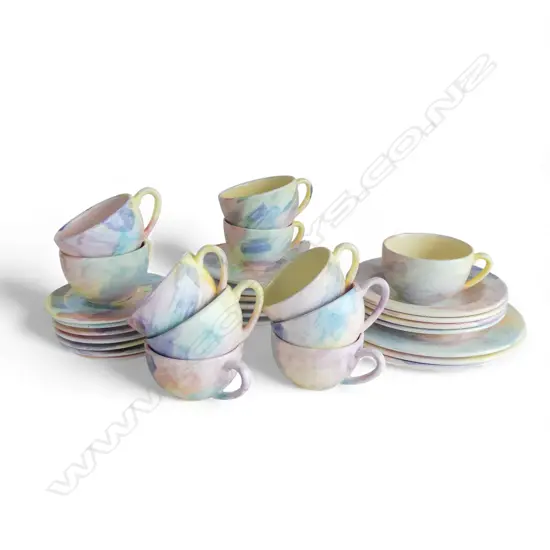 LARGE COLLECTION OF CHRISTINE HARRIS HAND PAINTED POTTERY CUPS (13), SAUCES (6), ASST. PLATES (8) & BOWLS (4)