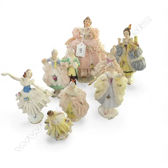COLLECTION 8 GERMAN LACE CHINA FIGURINES SOME FAULTS 160MM TALLEST
