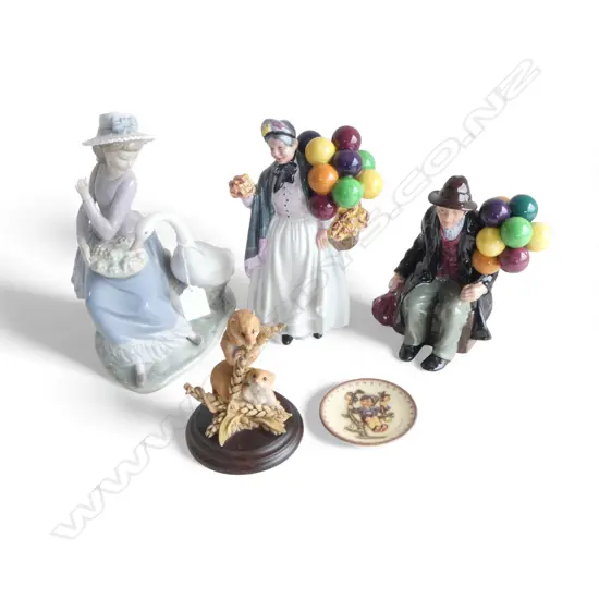 5 PCES CHINA; 2 ROYAL DOULTON BALLOON SELLERS, LLADRO WOMAN (NECK AF), HUMMEL DISH, RESIN MICE