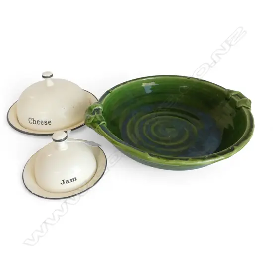 TONY SLY GREEN GLAZED BOWL 290mm dia + 2 ENAMEL FOOD DOMES