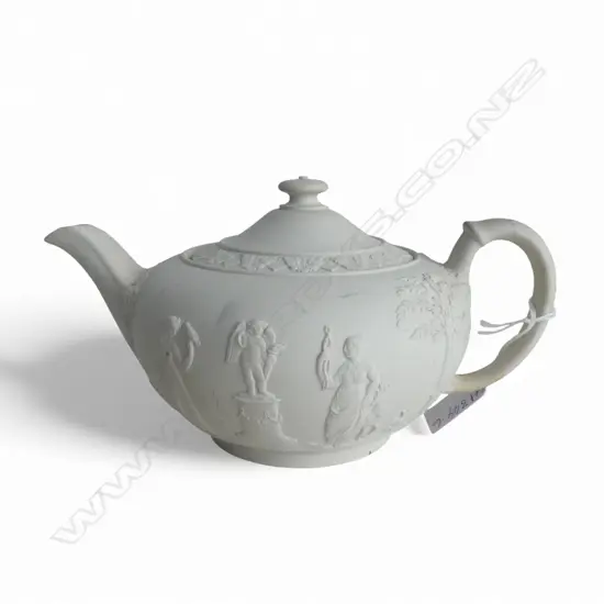 OLD WEDGWOOD BISQUE TEAPOT WITH GLAZED INTERIOR, GREEK SCENES IN RELIEF PLAIN NO COLOUR