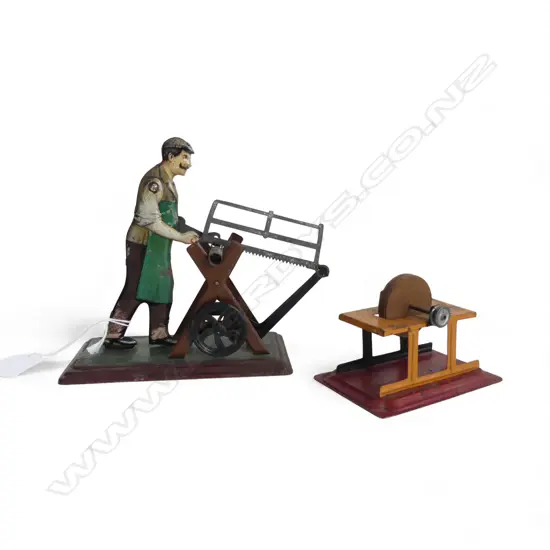 2 VINTAGE GERMAN TIN TOYS; SAWING MAN & WHEEL H.140mm
