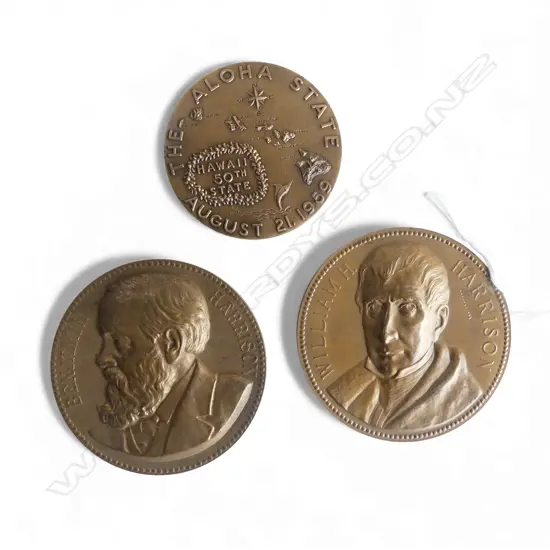 3 BRONZE MEDALLIONS; WILLIAM H. HARRISON, 75mm dia, BENJAMIN HARRISON, STATE OF HAWAII 1959
