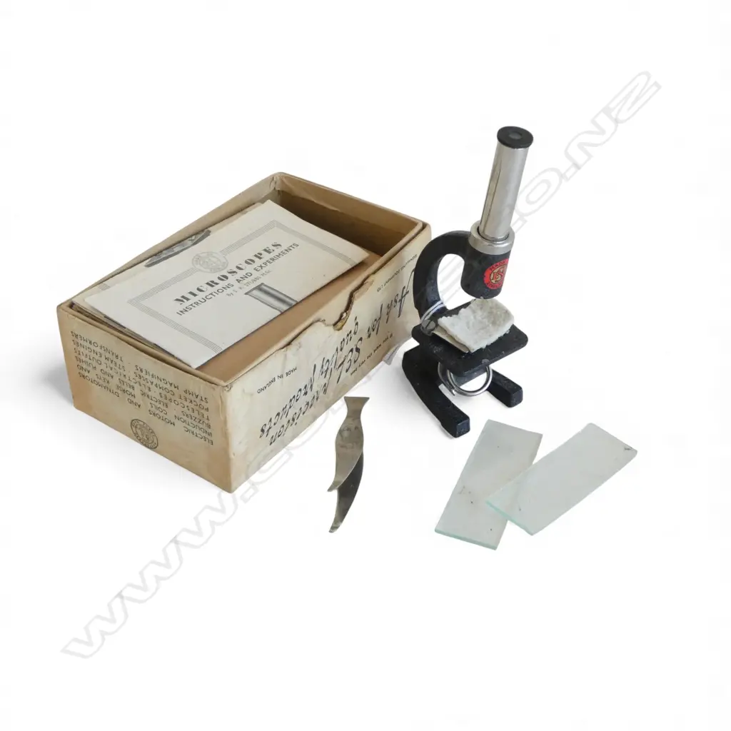 VINTAGE S. R. STUBBS STUDENTS MICROSCOPE No.1 44x in original box with manual, English make H.115mm Image 1++