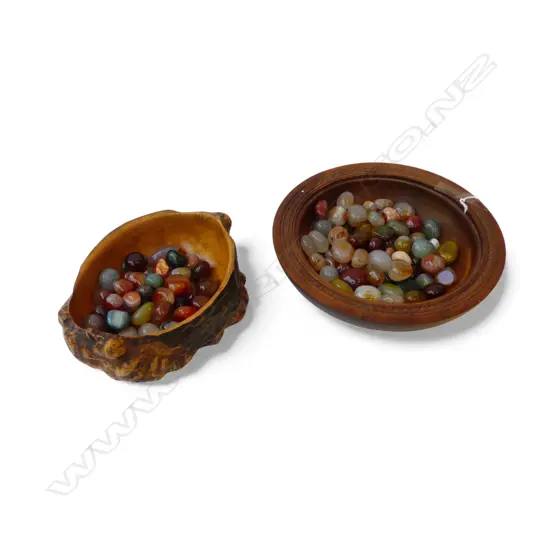 2 WOODEN BOWLS; ANCIENT SWAMP KAURI 195mm dia & BURR + POLISHED GEMSTONES