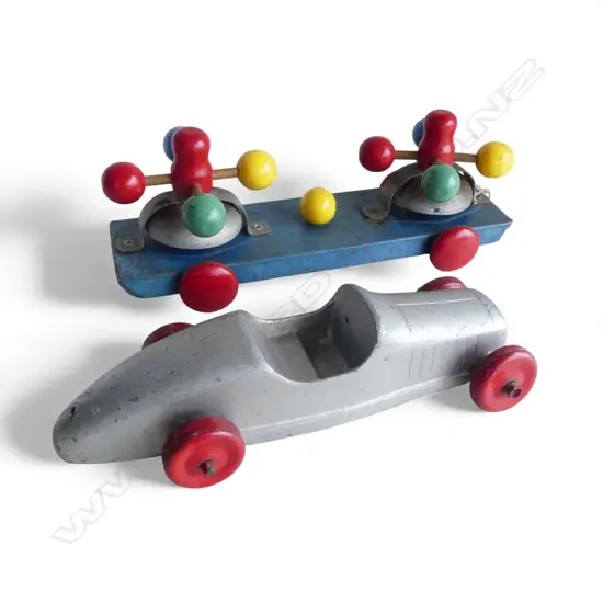 2 VINTAGE TOYS 'CLEVELAND RACER' & GONG BELL PULL TOY L.340mm