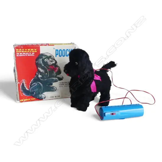 VINTAGE JAPANESE flock covered TOY 'POOCHIE' DOG IN BOX. 'AN "AMICO' TOY' WORKING.