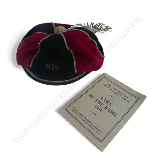  RUGBY CAP 1939 WITH 'LAWS OF THE GAME' BOOK 1948.