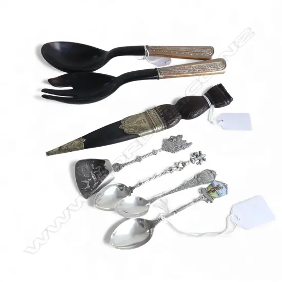 2 VICT. HORN SALAD SERVERS, WOOD & BRASS DIRK & 4 SOUVENIR TEASPOONS, 2 SILVER 25gm