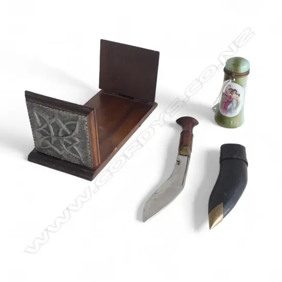PR WOOD & PEWTER arts & Crafts bookends + small kukri knife + lidded vanity jar