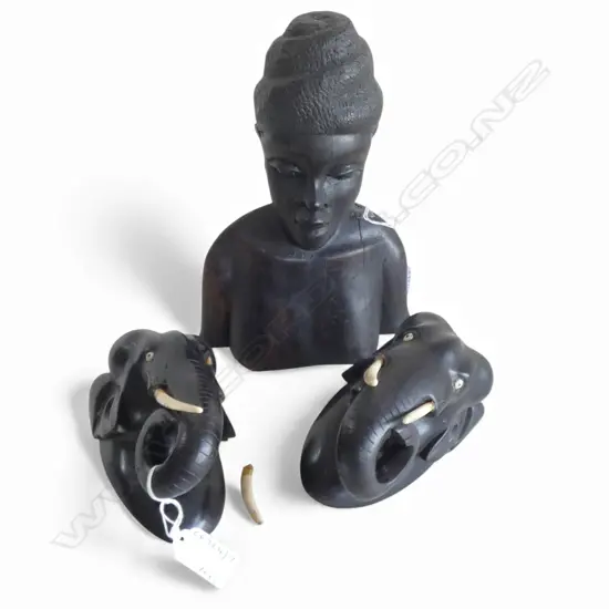 PR CARVED EBONY WALL ELEPHANTS L130MM & EBONY BUST H240MM - ONE TUSK MISSING