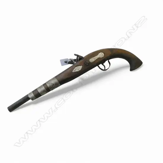 OLD REPLICA FLINTLOCK PISTOL with engraved bone inlay L.430mm