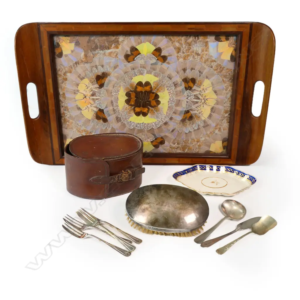 INLAID WOOD BUTTERFLY WING SERVING TRAY (prof repair to 1 handle), SILVER BRUSH (Total W.240gms), CUTLERY (1 silver) ETC Image 1++