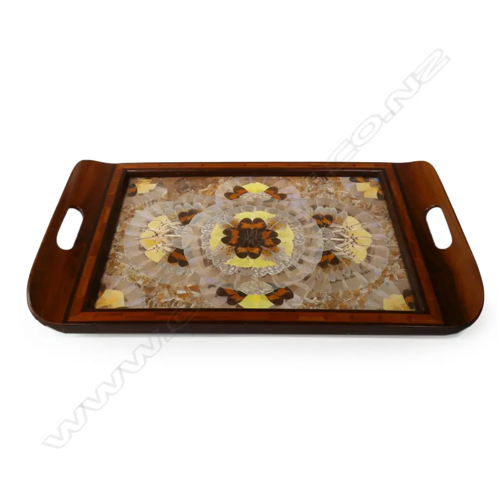 INLAID WOOD BUTTERFLY WING SERVING TRAY (prof repair to 1 handle), SILVER BRUSH (Total W.240gms), CUTLERY (1 silver) ETC Image 1++