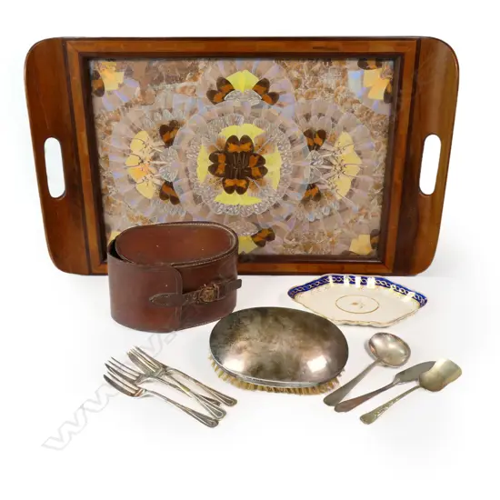 INLAID WOOD BUTTERFLY WING SERVING TRAY (prof repair to 1 handle), SILVER BRUSH (Total W.240gms), CUTLERY (1 silver) ETC