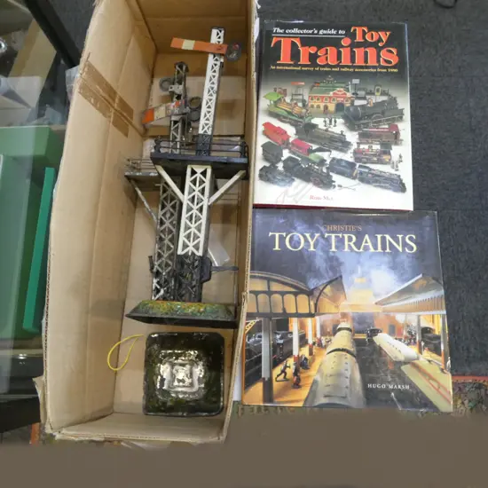 2 VINTAGE TIN TOY BING RAILWAY SIGNALS & 3 TRAIN BOOKS