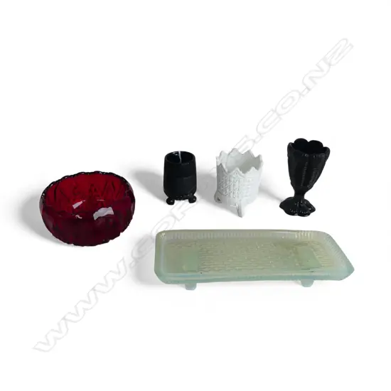 5 OLD PRESSED GLASS PCES: 2 black beakers/vases + red glass bowl + white beaker vase + opalescent tray form dish L.215mm