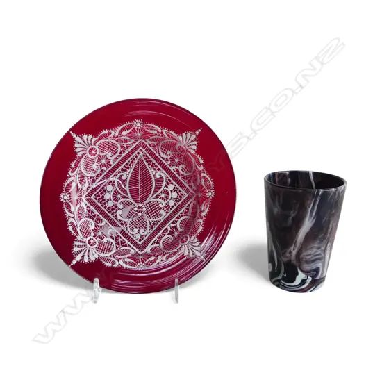 2 OLD GLASS PCES: slag or marble glass beaker + ruby glass dish w white enamelled 'lace' work