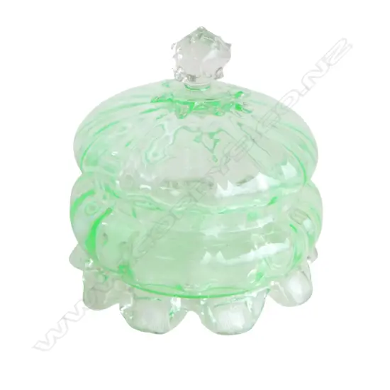 URANIUM CLEAR GLASS LIDDED JAR H.130mm