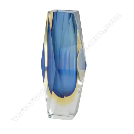 1960's Murano triple cased ‘Sommerso Mandruzzato’ glass vase. Aqua glass cased in clear with yellow halo H.165mm