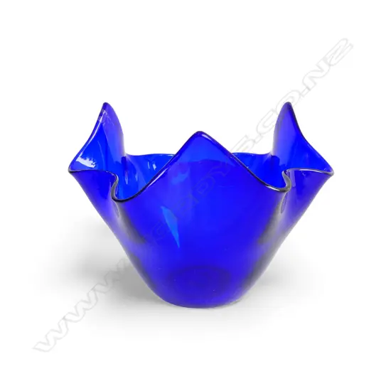 BLUE ART GLASS HANDKERCHIEF VASE, SIGNED H.180mm