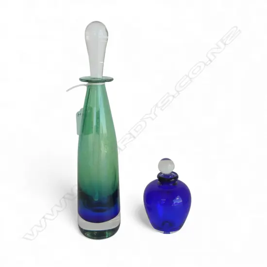 2 NZ SIGNED ART GLASS PERFUME BOTTLES H.240mm (smaller Raos 1989)